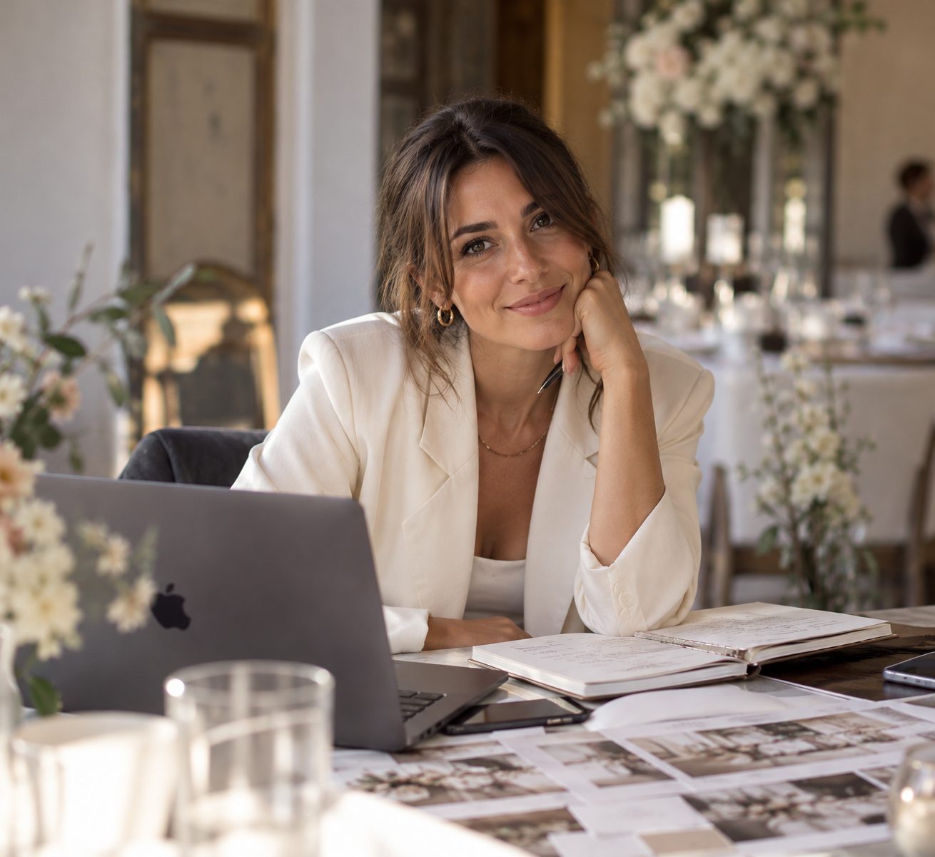 Ottavia, la wedding planner, sorride al tavolo di lavoro tra quaderni e moodboard